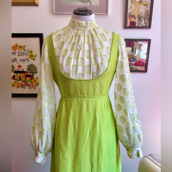 Vintage Dresses & Skirts - Vintage 1970s Victorian Revival Maxi Dress – Lime Green Medieval Inspired Gown